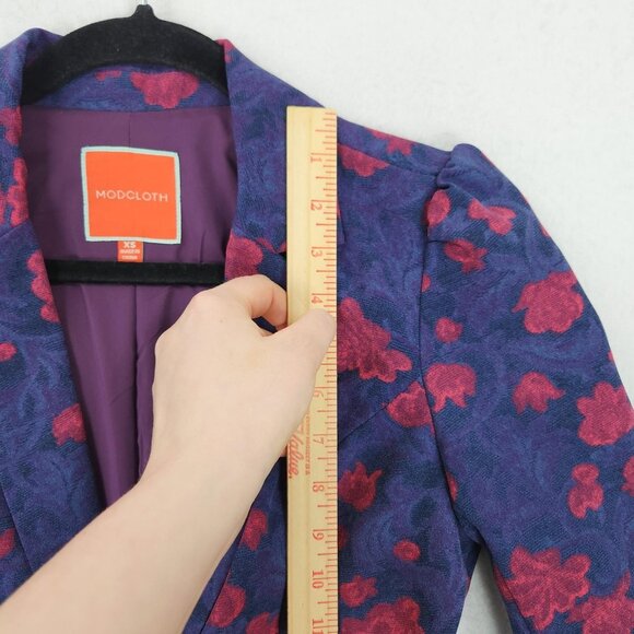 ModCloth Jacket Womens XS Purple Pink Floral Peplum Puff Shoulder Blazer Preppy - Picture 5 of 13